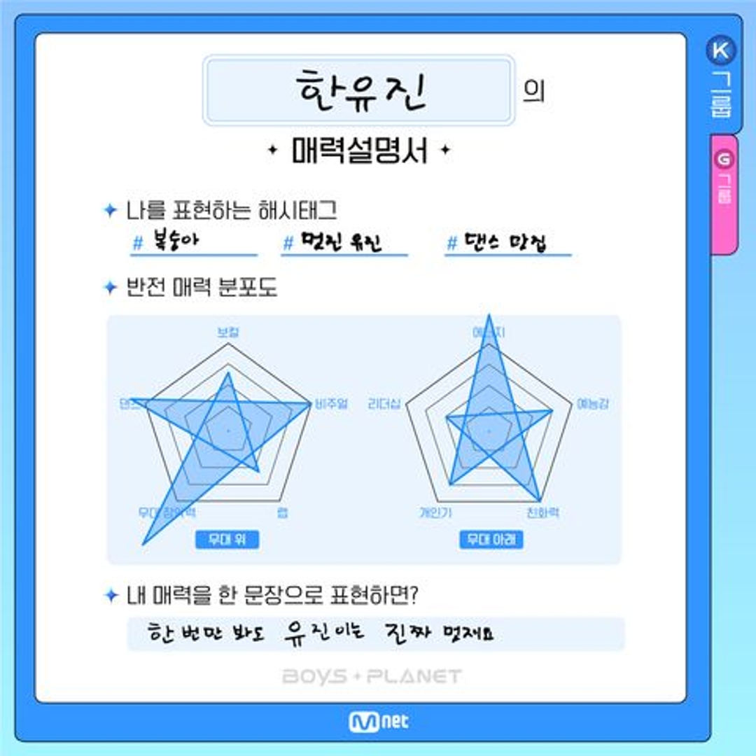 한유진 HAN YUJIN 연습생 프로필 손글씨 Mnet 엠넷 Profile 20230104 보이즈플래닛 BoysPlanet 보플 자기소개서 매력설명서 셀프프로필 SelfProfile